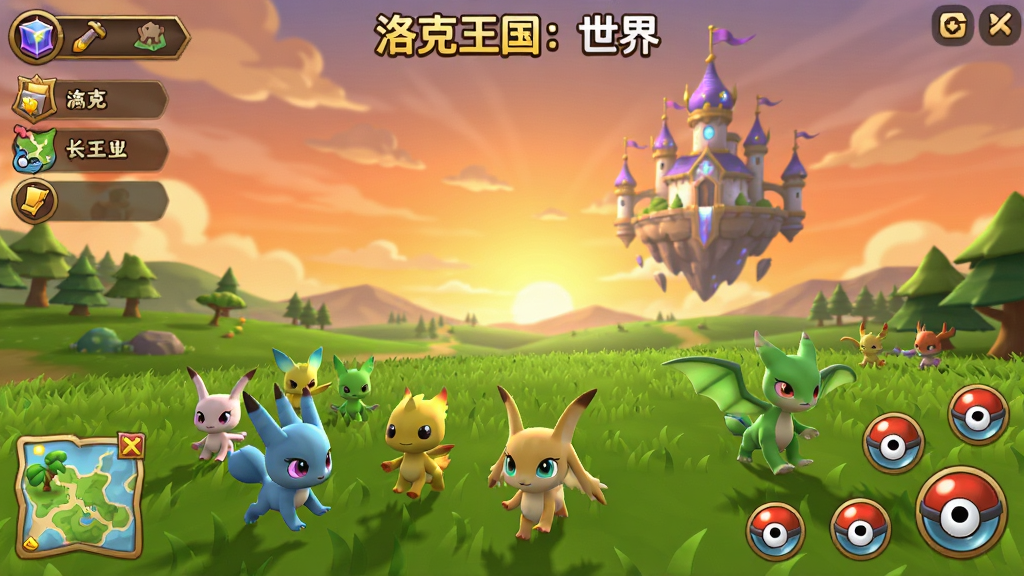 洛克王国:世界 游戏主界面全景预览图,画面中央展示广阔的绿色草原与远处漂浮的魔法城堡,天空呈现黄昏暖色调,近景有数只造型可爱的精灵在草地上奔跑,界面四周分布任务栏、地图按钮与精灵球图标,整体风格清新明亮,3D卡通渲染,画面干净整洁,文字标注“洛克王国:世界”位于画面正上方,画质高清,无多余元素