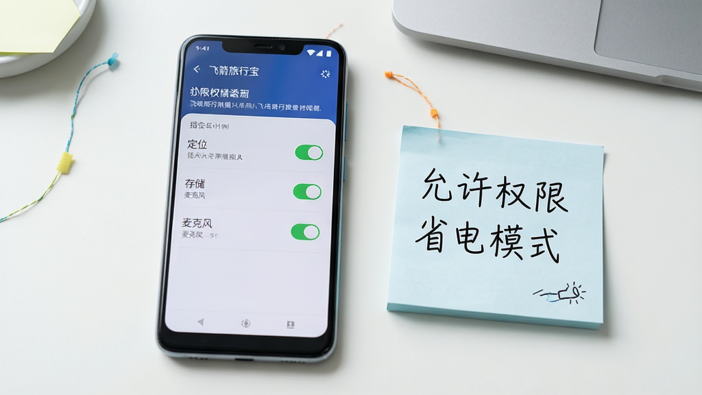 一部安卓手机屏幕显示“飞箭旅行宝”的权限设置页面,页面中定位、存储、麦克风权限均已开启;手机旁边放着一张手写便签,上面写着“允许权限”和“省电模式”;排版为手机与便签并排放在桌面上;风格为清新办公桌面摄影;细节上屏幕内容清晰,便签字迹工整;画质为4K高清,干净无多余元素。