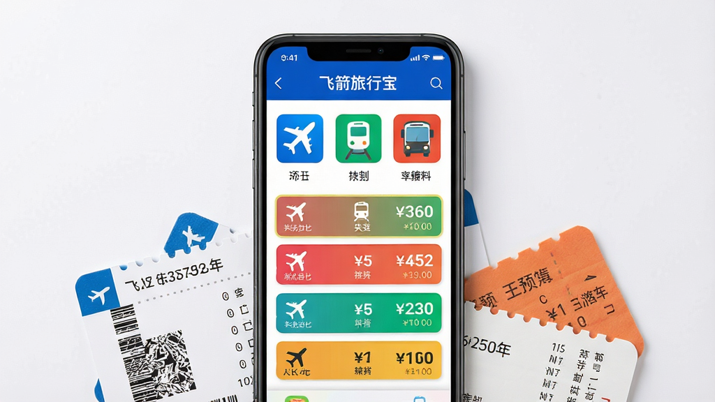 手机屏幕特写,显示“飞箭旅行宝”的票务预订页面,页面上有飞机、火车、大巴的图标和价格对比条;手机下方散落着登机牌和车票道具;排版为俯视角度,手机居中,道具环绕;风格为简洁商业产品摄影;细节上屏幕色彩鲜艳,价格数字清晰可见;画质为4K高清,干净无多余元素。