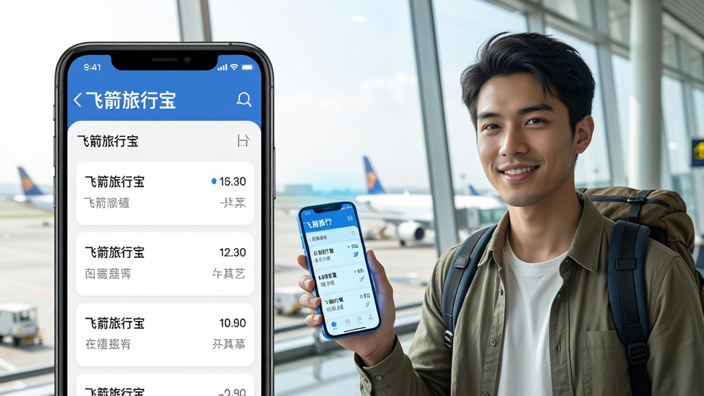一位年轻旅行者站在机场候机大厅,手持手机查看“飞箭旅行宝”生成的日程列表,手机屏幕发出柔和蓝光;背景是落地窗外的飞机与跑道,光线明亮;排版为人物居右、手机界面放大展示在左侧;风格为写实摄影与UI展示结合;细节上人物表情轻松自信,屏幕上的文字清晰显示“飞箭旅行宝”和日程条目;画质为8K超清,干净无多余元素。
