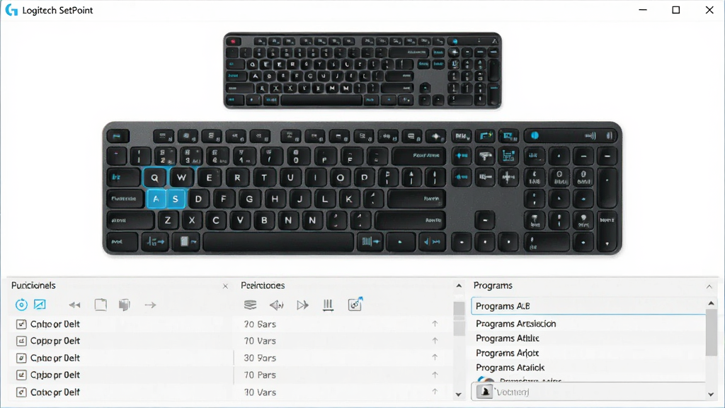 一张展示Logitech SetPoint键盘设置界面的图片,主体为软件窗口中的键盘布局图,布局上方为键盘示意图下方为功能分配列表,排版清晰,风格为商务简约,细节包括高亮的F键、多媒体图标、程序关联列表,画质高清,干净,无多余元素