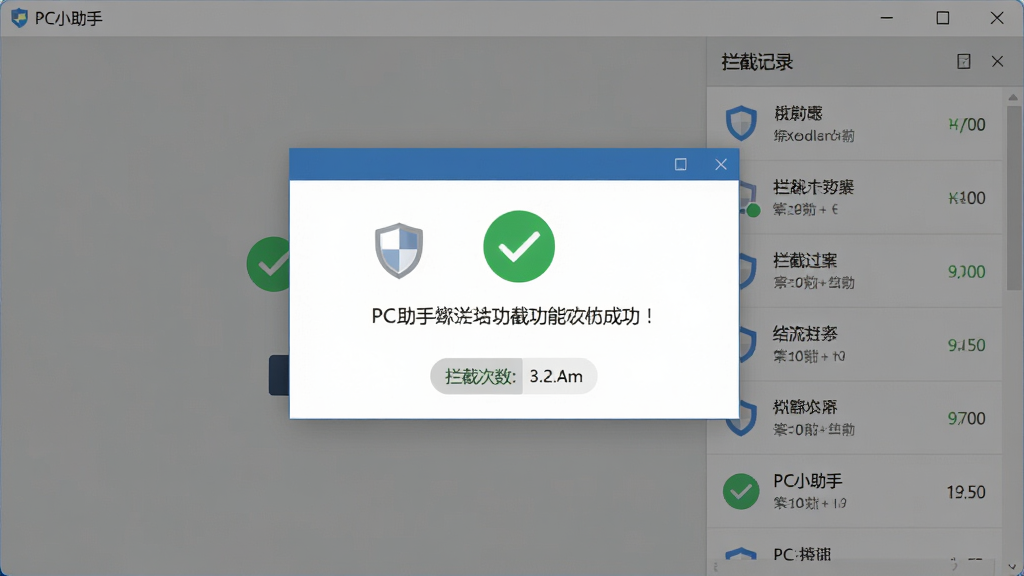 PC小助手弹窗拦截功能展示图,主体为软件拦截界面弹出提示框,布局为中央拦截成功提示、右侧拦截记录列表,排版层次分明,风格为扁平化设计,细节包括盾牌图标、绿色对勾标记、拦截次数统计数字,画质清晰,干净,无多余元素