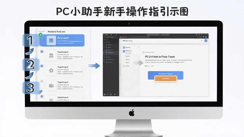 PC小助手新手操作指引示意图,主体为电脑屏幕显示软件操作步骤界面,布局为左侧步骤列表、右侧对应操作截图,排版简洁明了,风格为教学引导风,细节包括数字序号标签、箭头指示、高亮按钮,画质清晰,干净,无多余元素