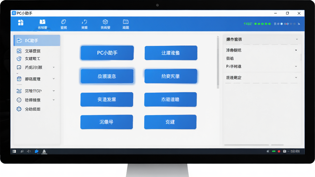 PC小助手软件主界面全貌展示,主体为电脑屏幕中央显示PC小助手软件窗口,布局为上方功能导航栏、左侧菜单列表、右侧操作面板,排版整洁有序,风格为现代简约科技风,细节包括蓝色主色调图标、清晰的功能按钮、系统状态指示条,画质高清,干净,无多余元素