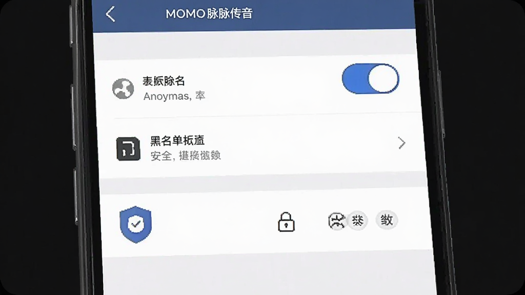 MOMO(脉脉传音)隐私安全设置界面,主体为手机屏幕内的设置选项列表,布局为纵向菜单,排版规范,风格稳重专业,细节包括匿名开关、黑名单入口、举报按钮与安全盾牌图标,画质清晰,干净,无多余元素
