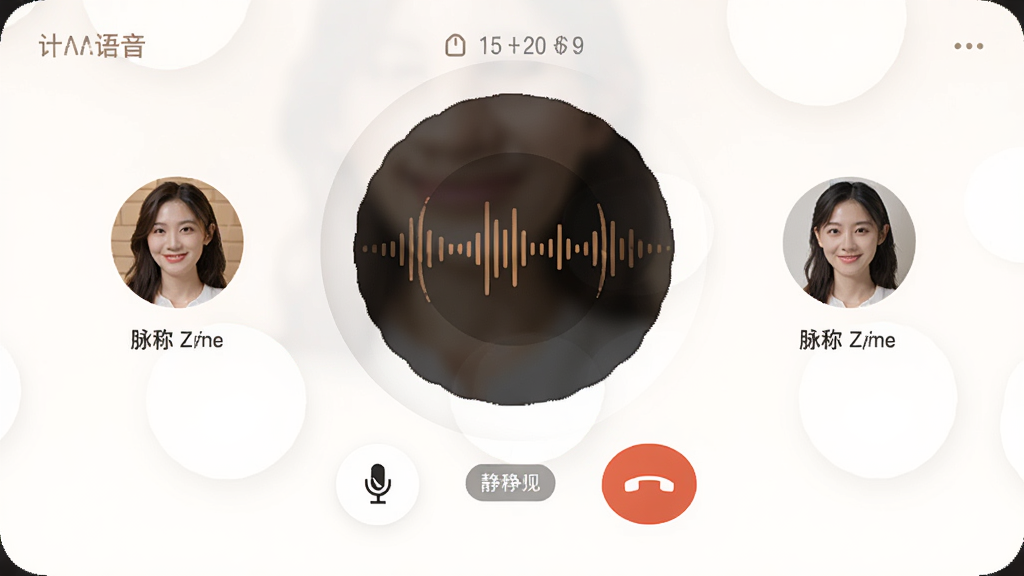 MOMO(脉脉传音)语音匹配功能界面,主体为一对一语音通话画面,布局中央为圆形声波动效,两侧显示双方头像与昵称,排版简洁,风格温暖柔和,细节包括计时器、静音按钮、挂断键与匹配标签,画质清晰,干净,无多余元素