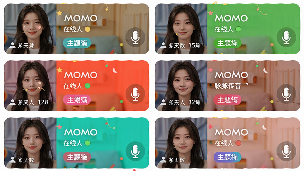 MOMO(脉脉传音)主题语音房间列表界面,主体为多个房间卡片纵向排列,布局采用双列网格,排版整齐,风格活泼年轻化,细节包括房间封面图、在线人数、主题标签与麦克风状态图标,画质高清,干净,无多余元素