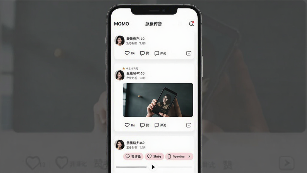 MOMO(脉脉传音)动态广场页面,主体为用户发布的图文与语音动态流,布局为单列信息流卡片,排版清晰,风格简约时尚,细节包括用户头像、发布时间、点赞评论按钮与语音播放条,画质高清,干净,无多余元素