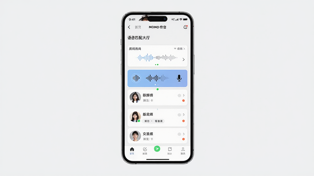 MOMO(脉脉传音)软件主界面全貌展示,主体为一部竖屏智能手机,屏幕内呈现语音匹配大厅、房间列表与用户头像卡片,布局清晰分为顶部导航栏、中部功能卡片区和底部菜单栏,排版采用现代扁平化设计,风格清新明快,细节包括麦克风图标、声波纹理、在线状态圆点,画质高清,干净,无多余元素