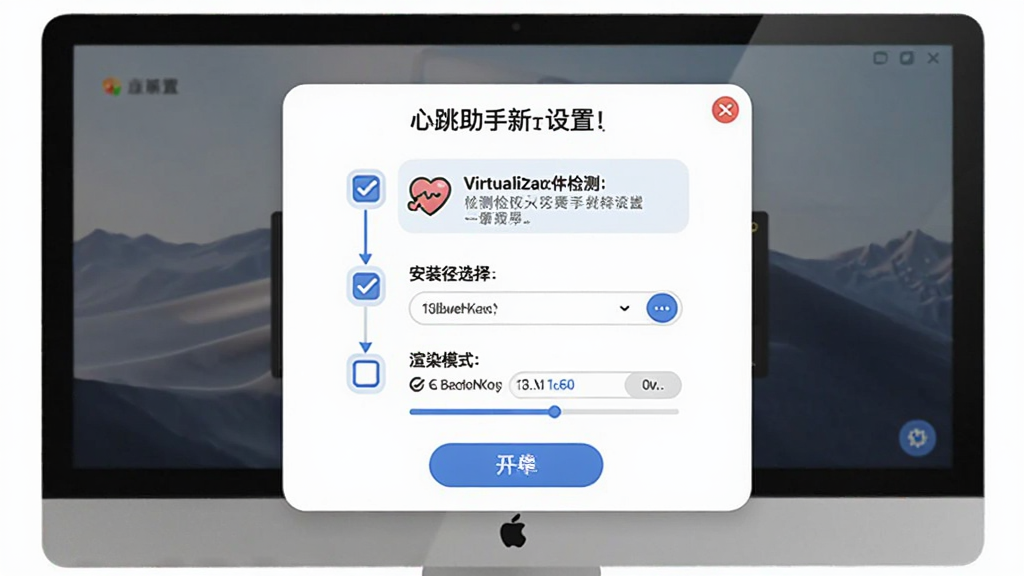 画面展示心跳助手新手设置引导界面,主体为电脑屏幕上的弹窗,弹窗内有虚拟化检测提示、安装路径选择、渲染模式选项,布局为纵向步骤条,风格为友好引导风,细节包括勾选框、按钮、进度指示,画质清晰,干净,无多余元素