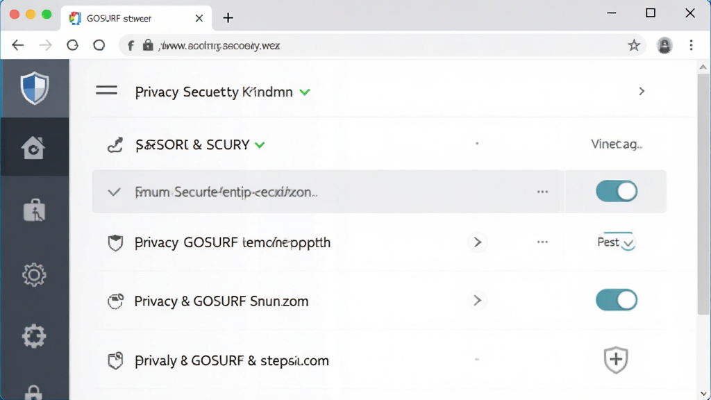 GOSURF浏览器安全设置界面示意图,画面展示浏览器设置菜单中的隐私与安全选项,布局为竖向列表排版,风格简洁商务,细节包括盾牌图标、开关按钮和文字标签,画质清晰,画面干净,无多余元素