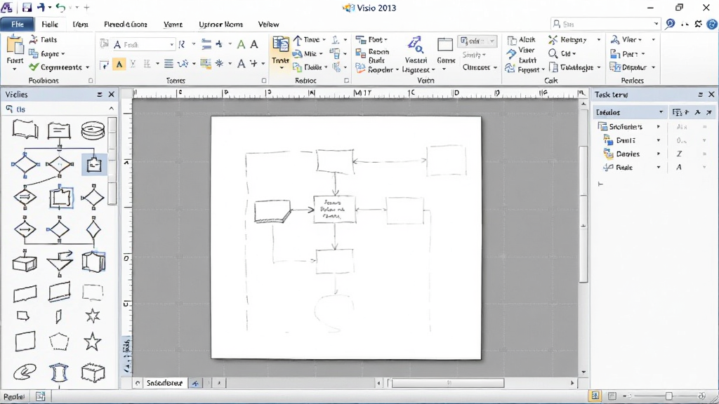 一张展示 Microsoft Visio 2013 软件界面的全景图,主体为电脑屏幕上打开的 Visio 2013 工作窗口,布局中央是空白的绘图画布,左侧是形状模具面板,右侧是任务窗格,顶部是功能区菜单栏,排版采用正面平视角度,风格为现代商务科技风,细节包括屏幕上显示着流程图草稿、连接线工具和网格背景,画质清晰,干净,无多余元素。