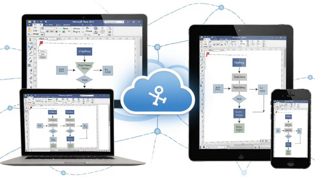 一张展示 Microsoft Visio 2013 协作分享功能的图片,主体为多台设备屏幕同步显示同一张 Visio 流程图的场景,布局为左右分屏,排版突出云端同步图标,风格为科技互联风格,细节包括笔记本电脑、平板和手机上的图表界面,画质清晰,干净,无多余元素。