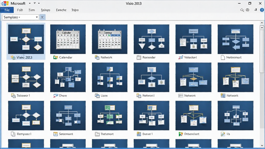 一张展示 Microsoft Visio 2013 模板选择界面的图片,主体为软件启动后的模板库窗口,布局为网格状排列的模板缩略图,排版整齐,风格为简洁明快的办公软件界面,细节包括流程图、日历、网络图等模板图标清晰可见,画质清晰,干净,无多余元素。
