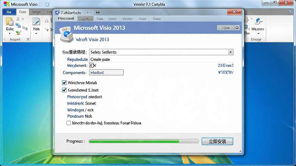 一张展示 Microsoft Visio 2013 安装选项界面的图片,主体为电脑屏幕上的软件安装向导窗口,布局中央是安装路径选择和组件勾选框,排版简洁,风格为经典 Windows 安装界面,细节包括“立即安装”按钮和进度条,画质清晰,干净,无多余元素。