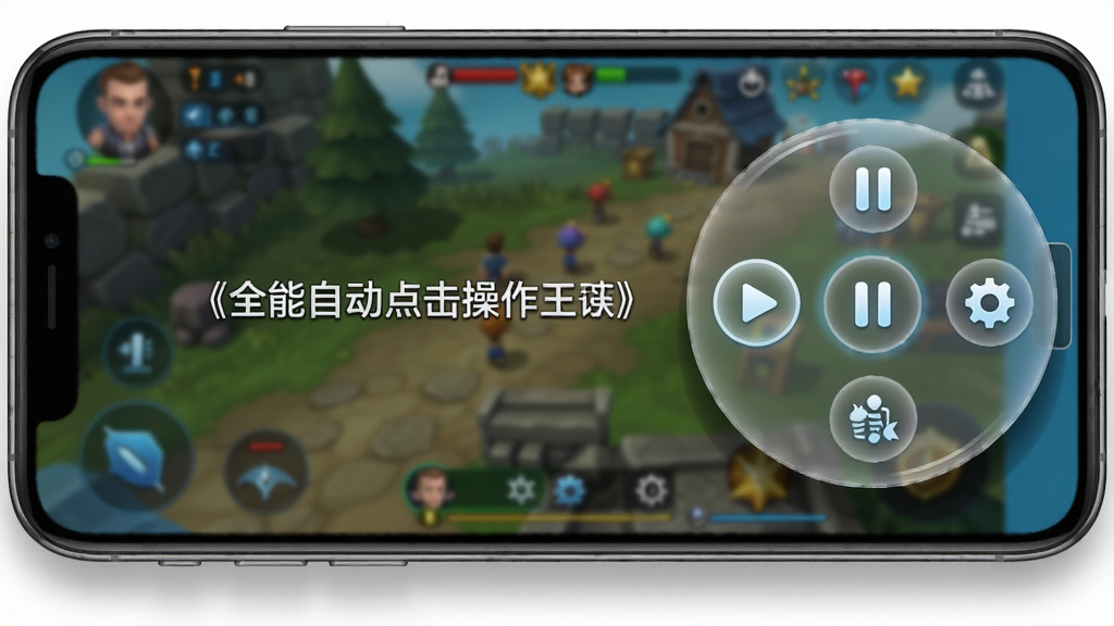 一张展示全能自动点击操作王悬浮窗控制功能的场景图,画面为手机横屏游戏界面,屏幕右侧有一个半透明的圆形悬浮按钮展开为控制面板,面板上有播放、暂停、设置等图标,游戏画面作为背景虚化处理,风格为真实感UI渲染,细节包括悬浮窗的投影和按钮的微光效果,画质高清,画面干净,无多余元素,图片中带有文字“全能自动点击操作王”