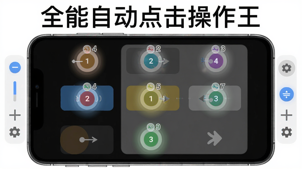一张展示全能自动点击操作王多点同步点击功能的示意图,画面主体为手机屏幕,屏幕上显示多个彩色圆形标记点分布在不同的按钮位置,每个标记点带有序号,屏幕边缘有悬浮控制条,风格为简洁明快的UI示意图,细节包括标记点的光晕效果和半透明遮罩,画质清晰,画面干净,无多余元素,图片中带有文字“全能自动点击操作王”
