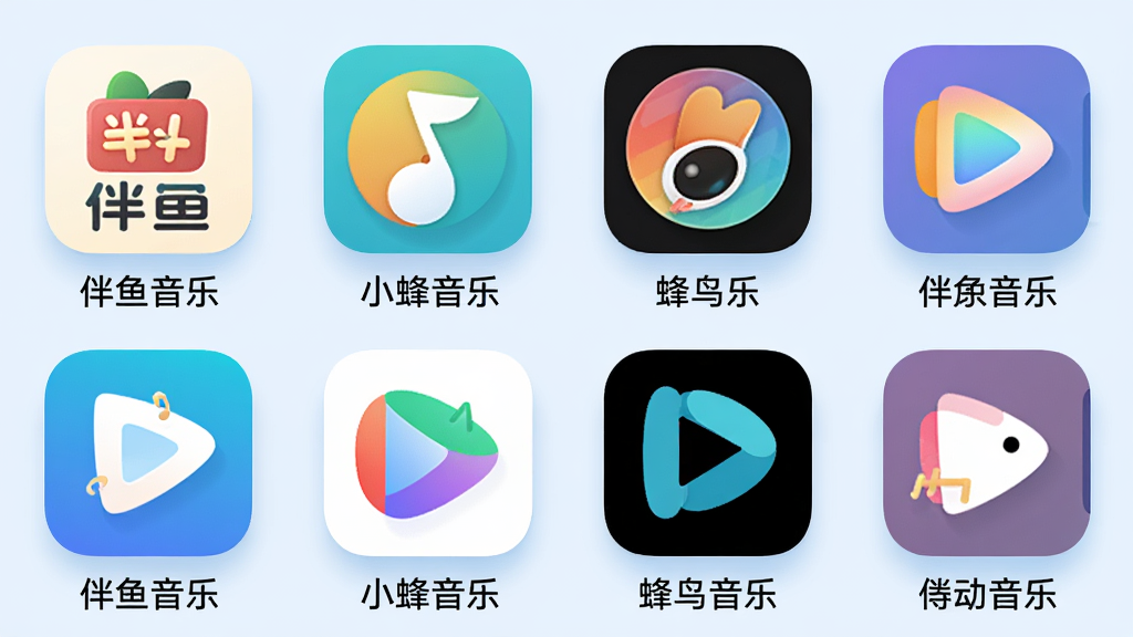 画面中央是一组音乐学习类APP图标排列在浅色背景上,图标包括伴鱼音乐、小蜂音乐、蜂鸟音乐等,每个图标下方有对应名称。主体是APP图标集合,布局为两行四列,排版整齐。风格为简洁扁平化图标设计,细节包括圆角矩形图标、柔和阴影、淡蓝色背景,画质高清,干净,无多余元素。
