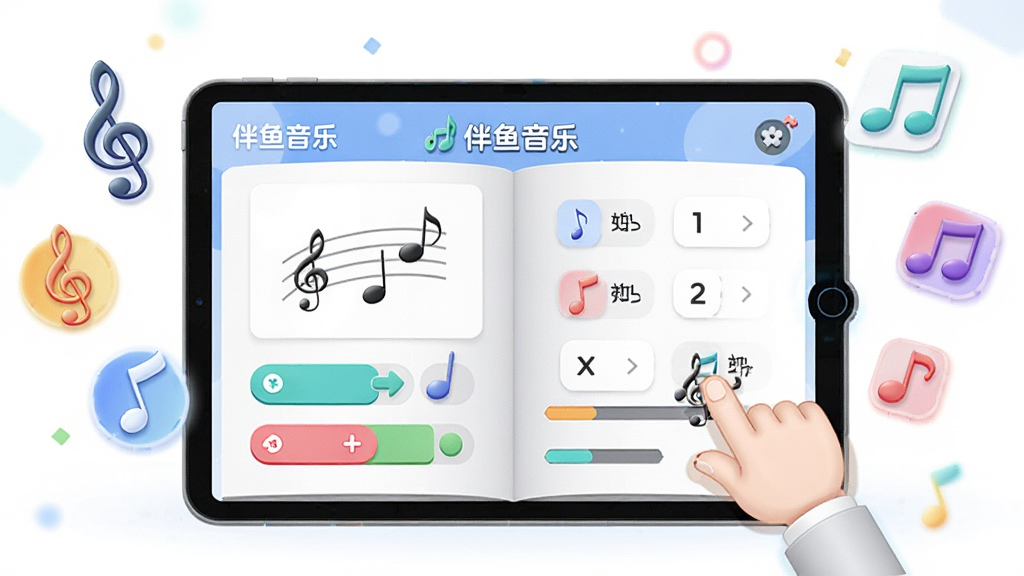 画面中央是一本翻开的电子题库平板,屏幕上显示音符和选择题界面,周围漂浮着高音谱号和音符图标。主体是平板电脑,布局居中,排版清晰。风格为现代教育科技插画,细节包括彩色按钮、进度条和卡通小手点击屏幕,画质高清,干净,无多余元素。画面中文字标注“伴鱼音乐”。