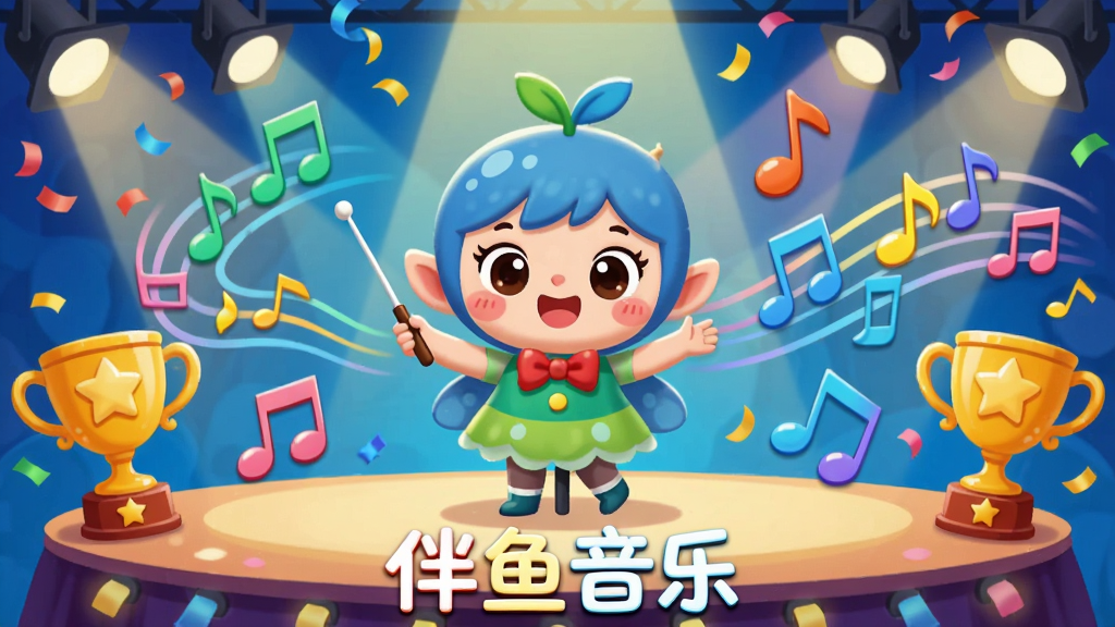 画面中央是一个卡通音乐小精灵站在舞台上,手持指挥棒,周围环绕着五颜六色的音符和星星奖杯。主体是小精灵和舞台,布局居中,排版活泼。风格为儿童卡通插画,细节包括聚光灯、彩带、音符飘带,画质高清,干净,无多余元素。画面中文字标注“伴鱼音乐”。