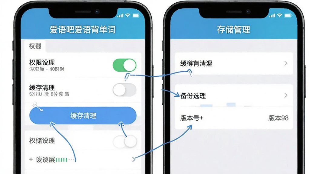 爱语吧爱语背单词手机端设置界面操作指引,主体为手机屏幕展示权限设置和存储管理页面,布局采用列表式排版,风格为实用教程图解设计,细节包括权限开关、缓存清理按钮、备份选项、版本号显示,画面中文字标注