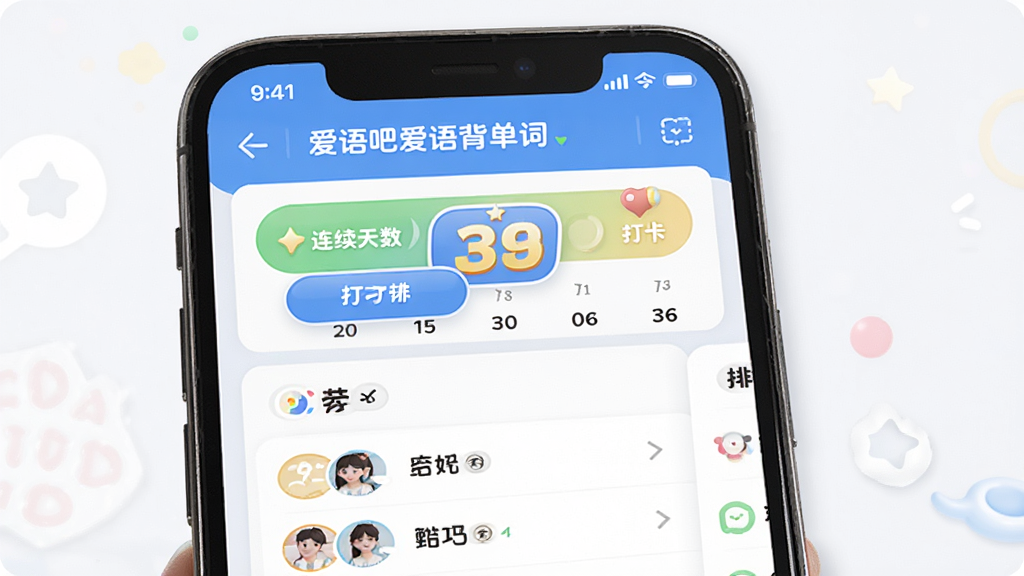 爱语吧爱语背单词学习社区打卡界面,主体为手机屏幕显示打卡日历和排行榜,布局采用上下分区,排版活泼明快,风格为社交化教育设计,细节包括打卡按钮、连续天数、积分数字、好友头像、排行榜列表,画面中文字标注