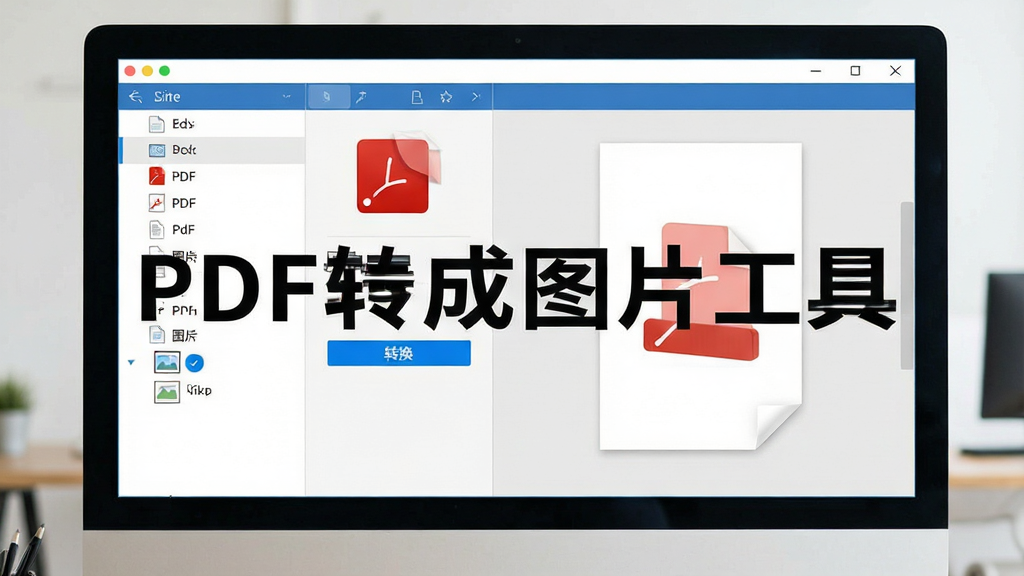 一张展示PDF转成图片工具软件界面的图片,主体是电脑屏幕上的软件窗口,布局为左侧文件列表、右侧转换预览区,排版简洁清晰,风格为现代办公软件风,细节包括PDF图标、图片格式选项、转换按钮,画质清晰干净无多余元素,图片中打文字“PDF转成图片工具”
