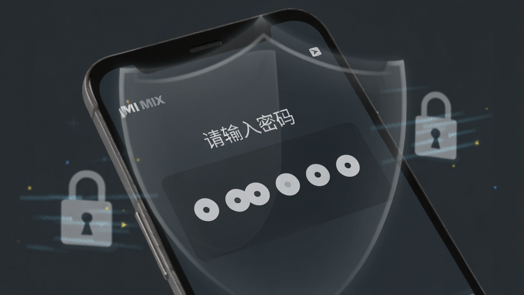 一部安卓手机屏幕特写,屏幕上显示MIX私密播放器的密码输入界面,界面中央有六个圆点密码框,上方有“请输入密码”文字,手机周围有淡淡的盾牌和锁形光效环绕,背景为深灰色,整体风格沉稳安全,画质清晰,无多余元素