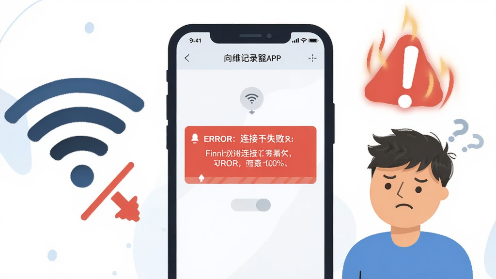 主体是手机屏幕显示向维记录仪APP出现连接失败的提示画面,布局为手机居中、旁边有WiFi信号图标和感叹号,排版为问题场景展示,风格为扁平化插画,细节包括手机屏幕上的错误提示文字、WiFi断开图标、用户困惑表情,画质高清干净无多余元素