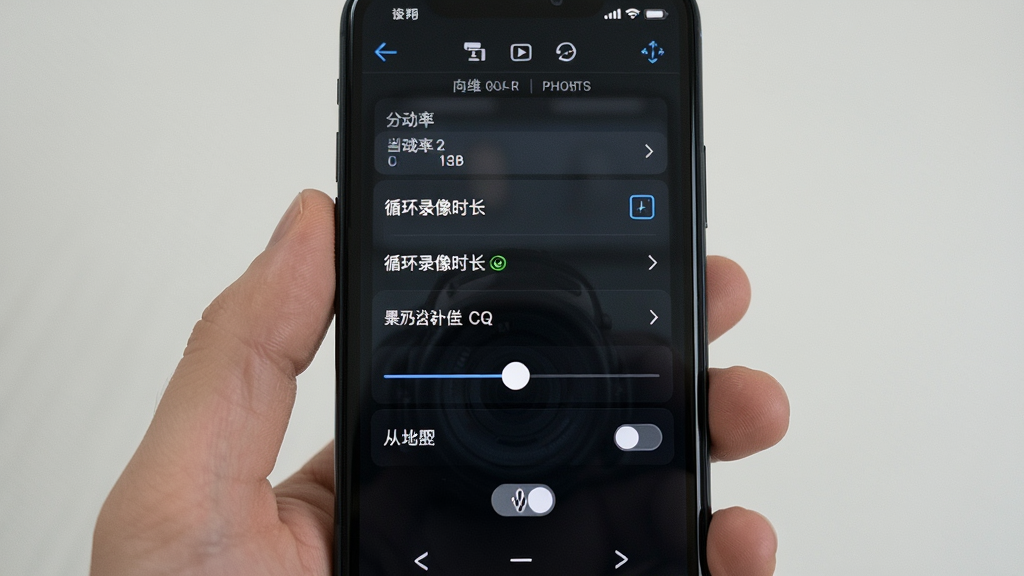 主体是手机屏幕显示向维记录仪参数设置界面,布局为设置菜单列表居中展示,排版为纵向排列的功能选项,风格为简洁UI风格,细节包括分辨率选项、循环录像时长、曝光补偿滑块、麦克风开关按钮,画质高清干净无多余元素