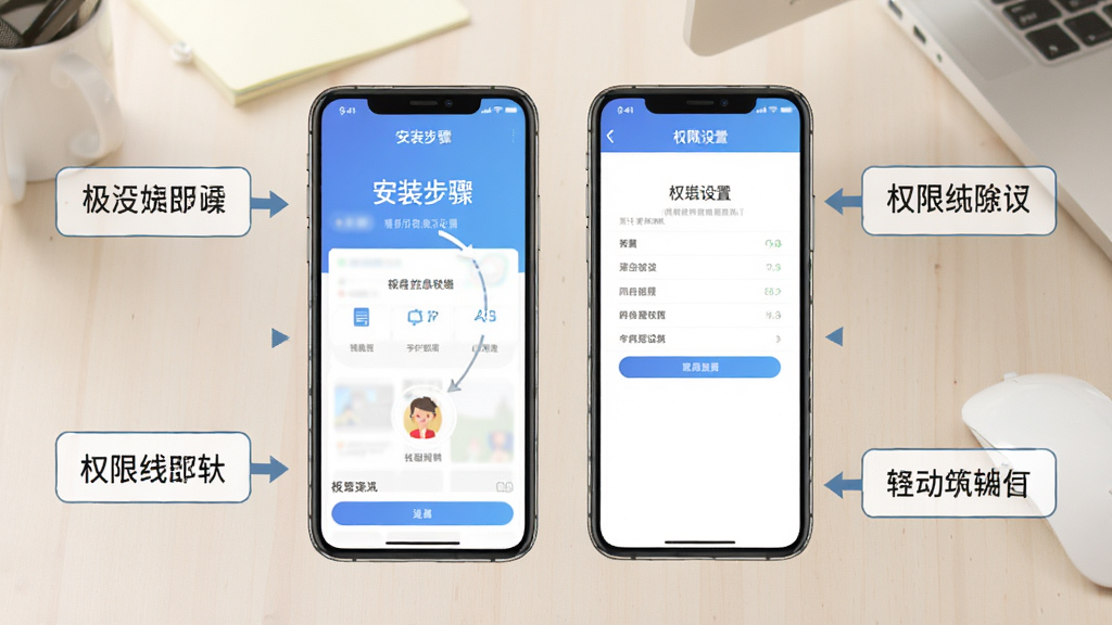 企业信息查询软件移动端操作指南示意图,画面中一部手机展示软件安装步骤和权限设置界面,旁边有简洁的箭头指引和文字标注框,背景为浅色办公桌面,风格清晰、直观、实用,画质干净,适合作为教程配图使用