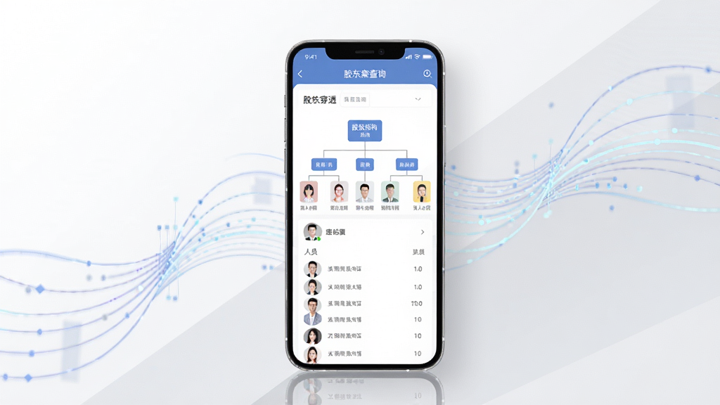 企业信息查询软件功能界面展示图,画面中手机屏幕显示股东穿透查询页面,包含股权结构图和人员列表,背景为白色与浅灰色搭配的简洁商务风格,屏幕周围有数据流动的抽象线条装饰,整体画面干净、专业、清晰,适合软件下载页面配图使用
