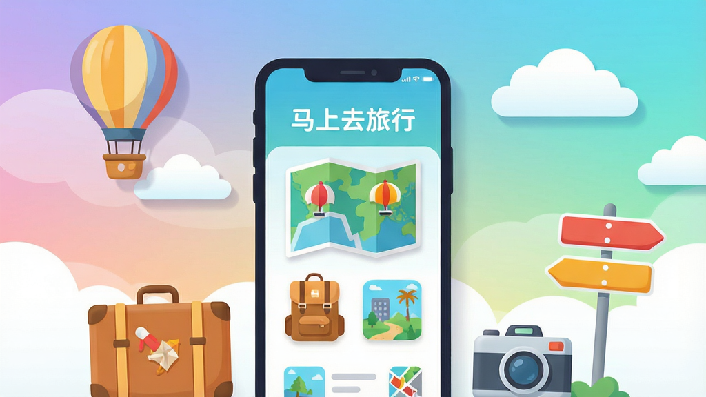 一幅明亮清新的手机应用场景插画,画面中央是一部竖屏智能手机,手机屏幕上显示“马上去旅行”应用界面,界面中有地图、旅行背包、景点图标等元素,手机周围环绕着热气球、行李箱、相机、路标、云朵等旅行主题装饰物,整体布局为手机居中、元素环绕在四周,排版采用上下分布,风格为扁平化卡通插画风,细节包括渐变色天空背景、圆润的图标线条、柔和的阴影效果,画质高清,画面干净,无多余元素