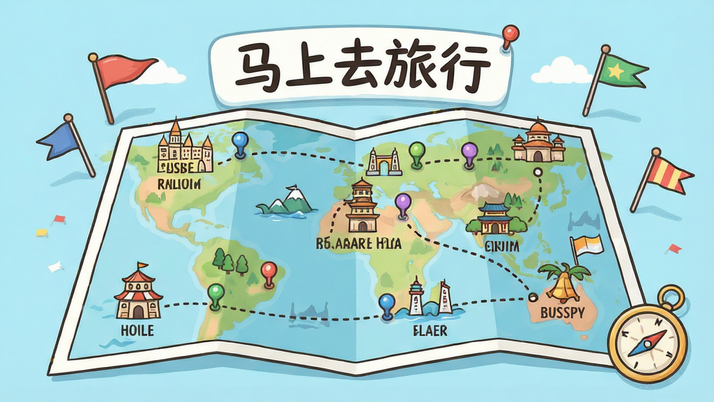 一幅以“马上去旅行”为主题的虚拟地图界面展示图,画面主体是一张展开的卡通风格地图,地图上标注了多个城市地标与景点图标,有虚线路径连接各个地点,地图上方漂浮着“马上去旅行”的文字标识,布局为地图占据画面中心大面积区域,四周点缀小旗帜和指南针,排版为横向展开,风格为清新手绘插画风,细节包括彩色图钉、路径虚线、地点名称标签、柔和的地形色块,画质高清,画面干净,无多余元素
