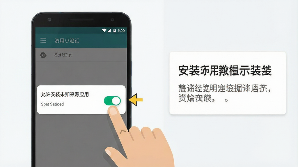 一幅手机应用安装教程示意图,画面主体是一部安卓手机,屏幕上显示“允许安装未知来源应用”的设置开关界面,手机旁边有一个手指点击开关的动作示意,布局为手机居中偏左、文字说明框在右侧,排版为左右分栏,风格为简洁扁平化UI风格,细节包括设置菜单图标、开关按钮高亮、提示箭头,画质高清,画面干净,无多余元素