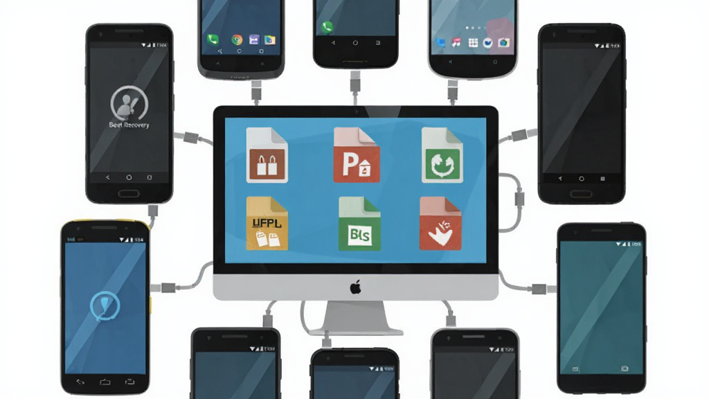 一幅展示 Best Recovery For Phone 兼容多种手机品牌和文件格式的图片,主体是多个不同品牌的安卓手机围绕着一个电脑屏幕,屏幕上显示各种文件格式图标,布局为环形排列,排版强调兼容性和多样性,风格为扁平化设计,细节包括手机品牌标识、文件类型图标和连接线,画质清晰,干净,无多余元素。