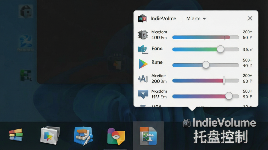 一张展示 IndieVolume 托盘快捷控制功能的图片,画面主体是 Windows 桌面右下角系统托盘区域,托盘图标被放大突出,旁边延伸出一个小型音量调节浮窗,浮窗内显示多个程序名称与音量条,布局上托盘位于右下、浮窗悬浮于上方,风格为简洁清爽的 UI 设计,细节上图标带高光、音量条有渐变填充,画面中出现文字“IndieVolume”与“托盘控制”,画质高清,画面干净,无多余元素