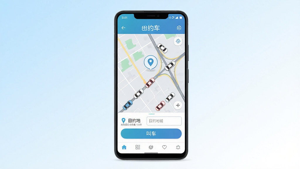 一张展现e约车手机应用界面的场景图,主体是一部竖屏安卓手机,屏幕显示e约车叫车首页,包含地图定位、附近车辆图标、目的地输入框和叫车按钮,布局居中,背景是浅蓝到白色的渐变,风格简洁现代科技感,细节包括地图道路线条、车辆小图标、底部导航栏,画质清晰干净,无多余元素