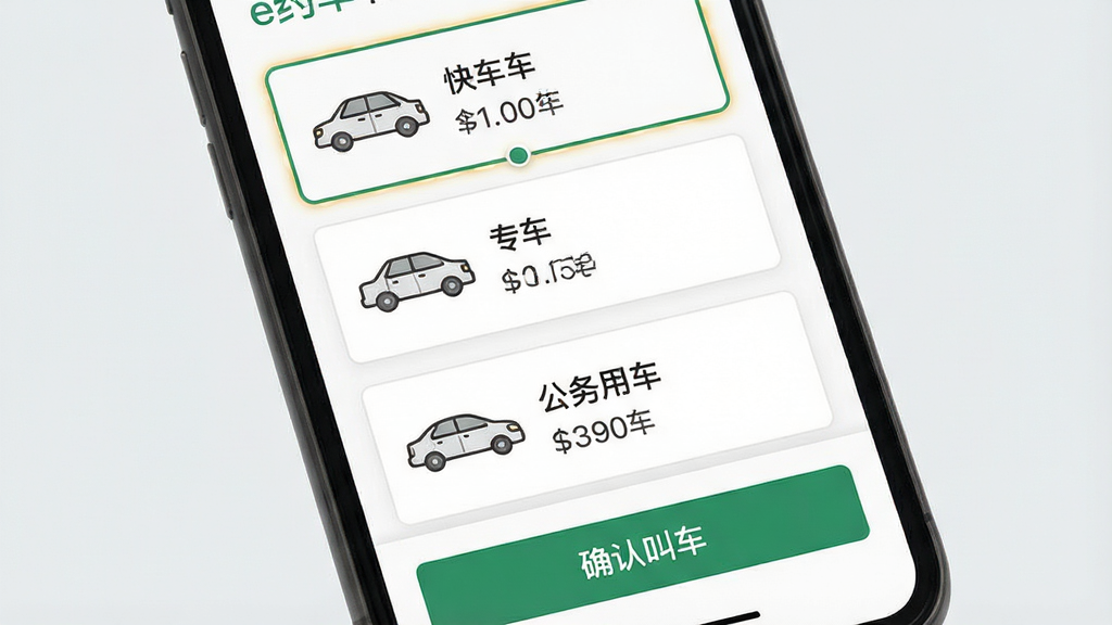 一张展示e约车多车型选择界面的图片,主体为手机屏幕特写,屏幕中央排列着快车、专车、公务用车三种车型卡片,每张卡片带有车辆简笔画图标和价格区间,布局为纵向列表,风格扁平化设计,细节包括选中状态的高亮边框和底部的确认叫车按钮,画质高清干净,无多余元素