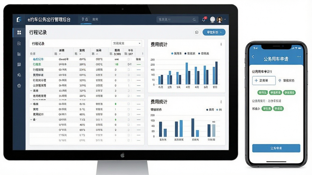 一张展示e约车公务出行管理后台的图片,主体是电脑屏幕与手机屏幕并排展示,电脑屏幕显示行程记录表格和费用统计图表,手机屏幕显示公务用车申请界面,布局左右分栏,风格商务简洁,细节包括表格线条、柱状图、审批状态标签,画质清晰干净,无多余元素