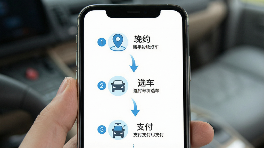 一张展示e约车新手操作引导的图片,主体为手机屏幕特写,屏幕显示分步引导页面,包含定位、选车、支付三个步骤的图标和文字说明,布局为纵向流程图,风格友好清新,细节包括数字序号和箭头连接,画质清晰干净,无多余元素