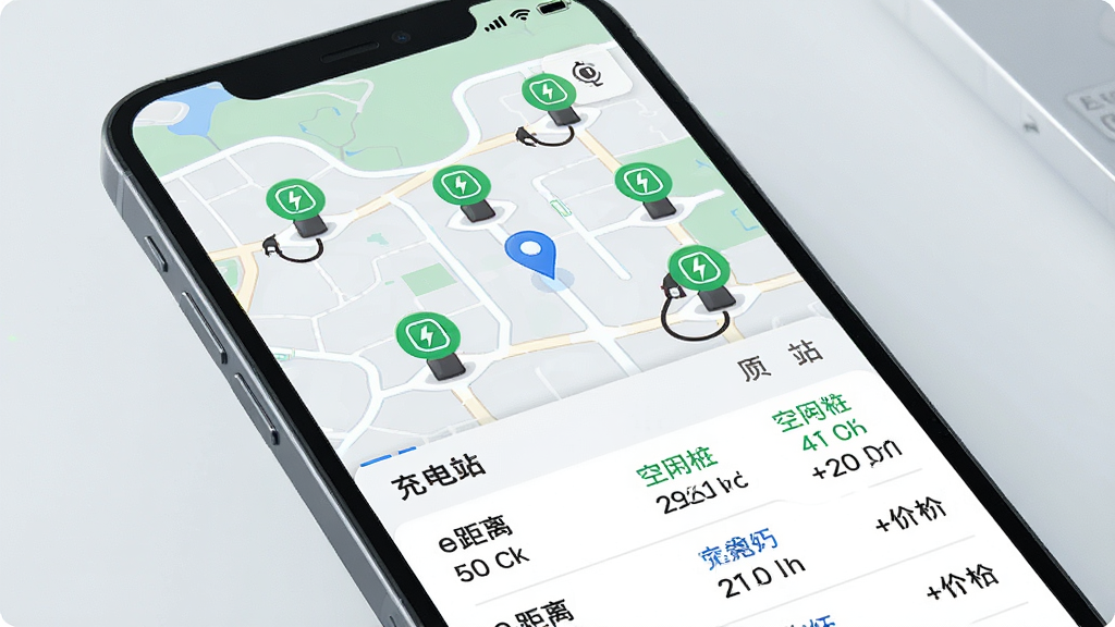 一张展示e约车充电桩查找功能的图片,主体为手机屏幕特写,屏幕显示地图上散布着多个充电桩图标,下方列出充电站列表,包含距离、空闲桩数和价格信息,布局为地图加列表组合,风格清新科技感,细节包括绿色充电图标和蓝色定位点,画质清晰干净,无多余元素