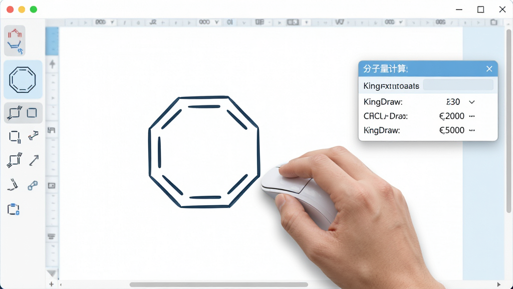 一张展示KingDraw绘制化学结构式过程的预览图,画面中一只手握着鼠标正在画布上拖拽绘制一个六元环结构,画布上已经出现了清晰的苯环骨架,工具栏中的环状结构图标处于选中状态,画面右侧显示出分子量计算结果的浮窗,整体风格简洁明亮,配色以白色和浅蓝色为主,细节上体现化学键的线条平滑、角度精准,画质高清,干净无多余元素