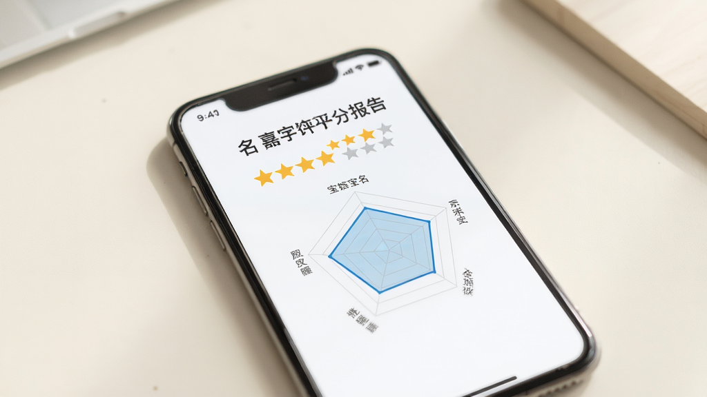 嘉铭宝宝起名平台名字评分报告界面,手机屏幕显示星级评分和雷达图,背景是柔和的米白色桌面,风格清新商务,画质清晰,无多余元素