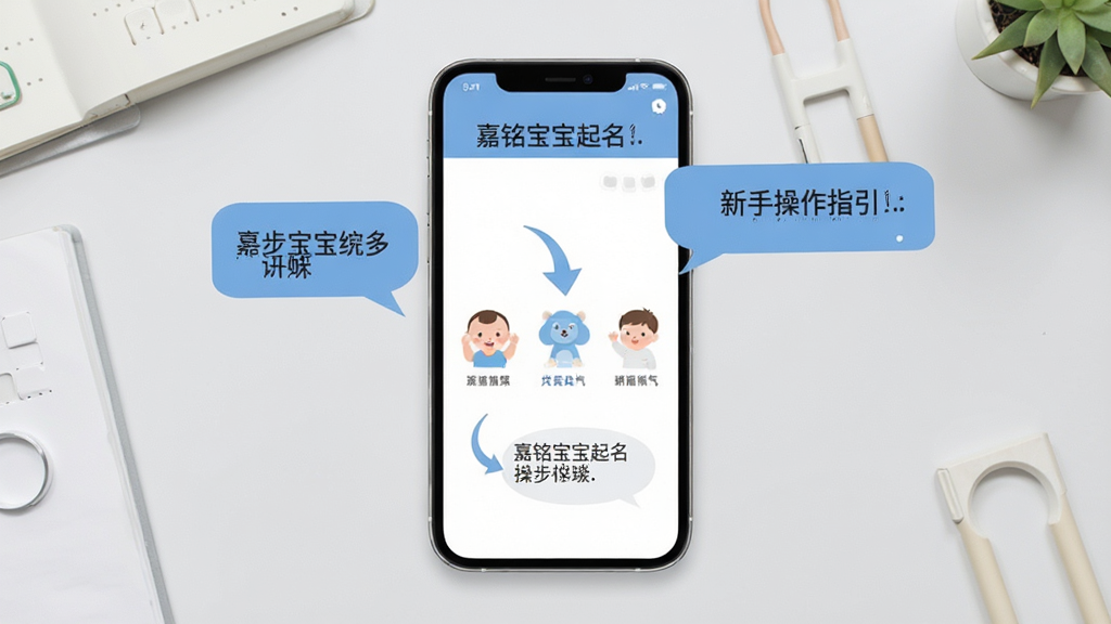 嘉铭宝宝起名平台新手操作指引图,画面展示手机屏幕上的分步操作箭头和提示气泡,背景是简洁的浅灰色工作台,风格扁平化设计,画质清晰,干净无多余元素
