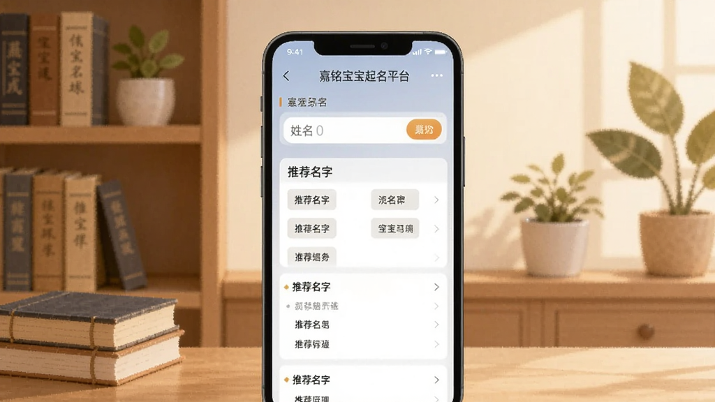 一张展示嘉铭宝宝起名平台核心界面的数字插画,画面中央是手机屏幕,屏幕内显示着宝宝起名软件的首页,有姓名输入框和推荐名字列表,背景是柔和的暖色调书房场景,书架上摆放着古籍和绿植,整体风格温馨简洁,画质清晰,干净无多余元素