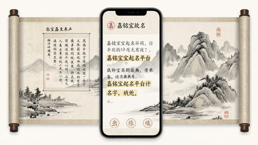 嘉铭宝宝起名平台诗词典故库界面,手机屏幕显示古诗文段落和高亮名字出处,背景是水墨风格的山水画卷轴,风格古典雅致,画质细腻,干净无多余元素