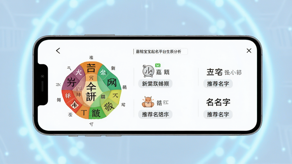 一幅展示嘉铭宝宝起名平台生辰分析功能的画面,手机屏幕显示八字五行图表和推荐名字,背景是淡蓝色科技感光晕,风格现代简约,画质干净,无多余元素