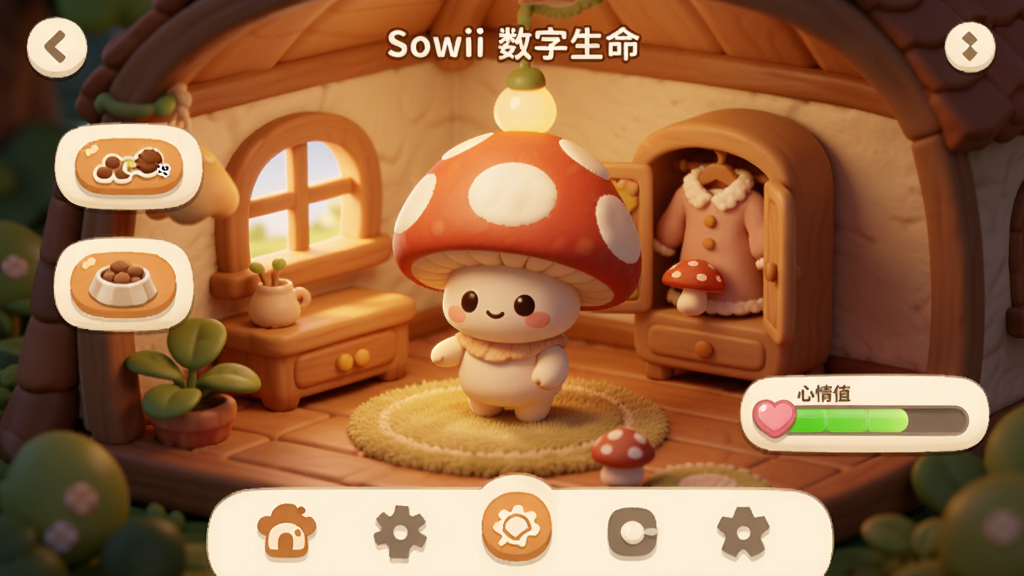 Sowii数字生命养成界面,画面中央是一只可爱的蘑菇角色正在小屋内活动,周围有喂食按钮、装扮衣柜和心情值进度条,布局为手机竖屏养成类UI,排版底部为功能导航栏,风格为温馨治愈的卡通渲染,细节包含柔光效果、圆润图标、小蘑菇眨眼动画感,画质高清干净无多余元素,画面中文字标注“Sowii 数字生命”