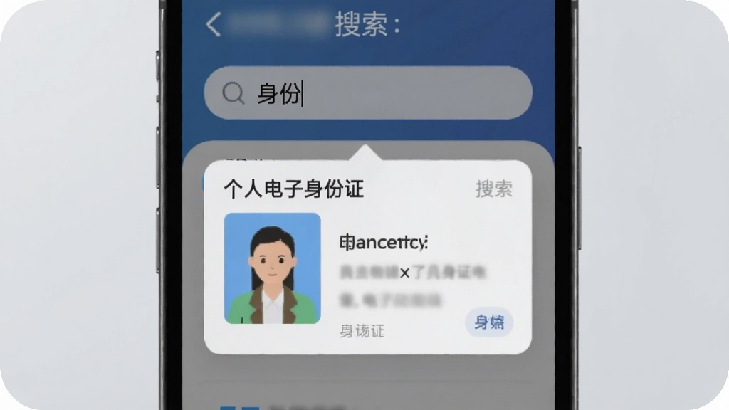 个人电子身份证件快速检索功能展示图,手机屏幕显示搜索框内输入“身份”二字,下方立即弹出对应的电子身份证卡片结果,界面响应迅速,背景为柔和灰色,突出搜索效率